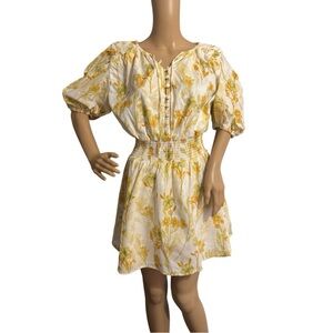 Sabo Skirt White With Yellow Floral Smocked-Waist Mini Dress Cotton Womens Sz M